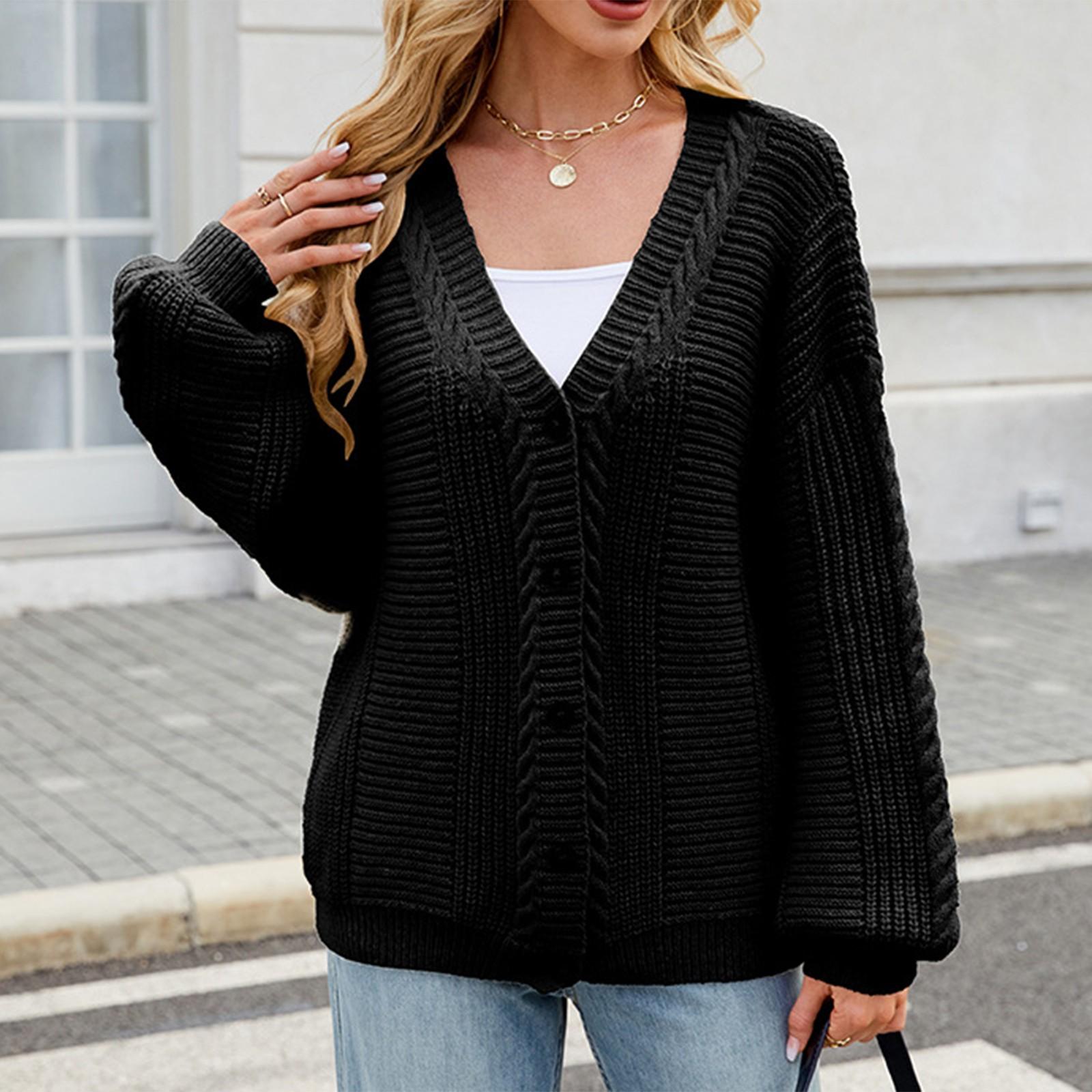 

Women s Fashion Solid Color Long Sleeved V-neck Knitted Sweater Cardigan Jacket L чорний