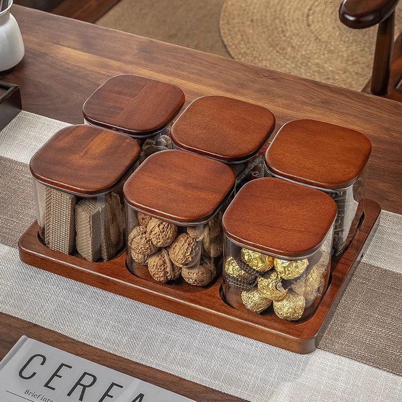 Quality Glass Sealed Canister Kitchen Food Storage Bottles with Walnut wood Lid Jars Grains Tea Leaf Coffee Beans Candy Jar
