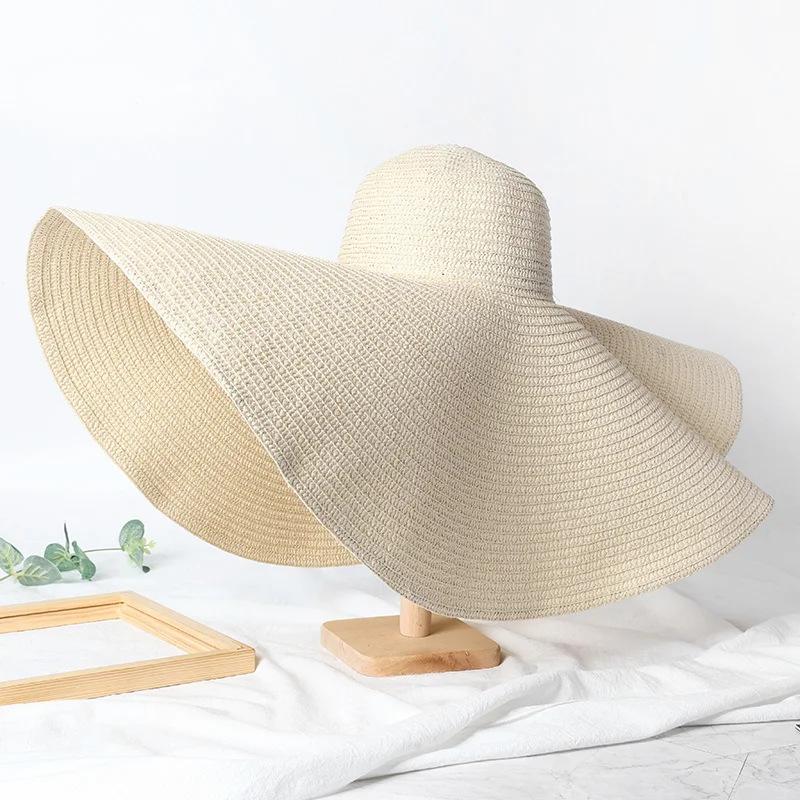 Oversize 25Cm Wide Brim Straw Hat Women'S Beach Cap Foldable Sunshade Protection Hat Ladies Sun Hats For Summer Girls