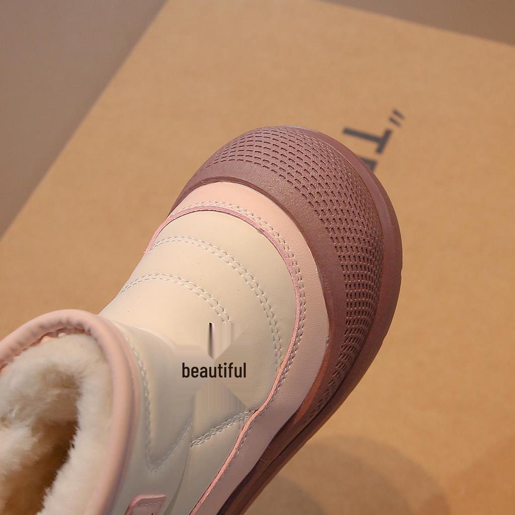 2025 Vinter Gutter Velurfôret Bomull Snøstøvler, Tykt Lær og Pels, Kort Modell for Store Barn