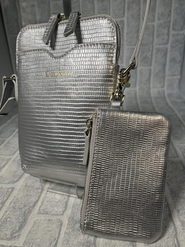 Genuine cow leather lizard embossed smartphone pochette with pouch CP-48PS058 (Silver)