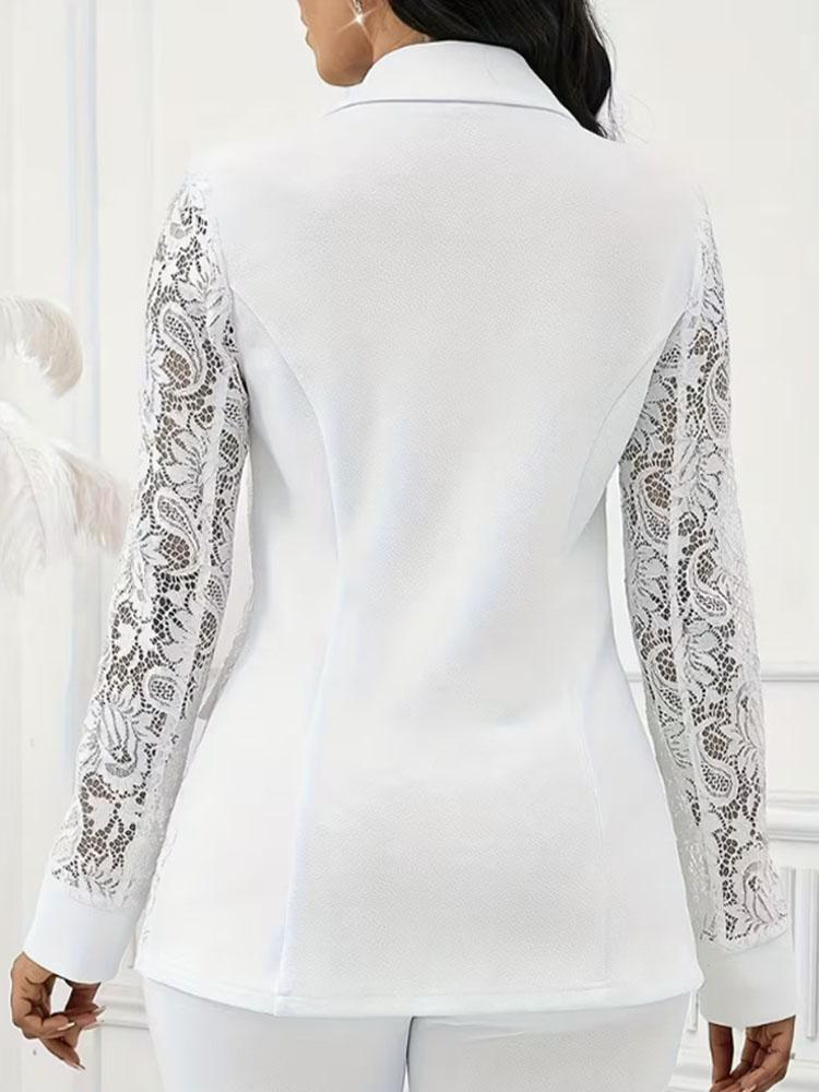 Damen Ein-Knopf Spitze Langarm Patchwork Unifarben Anzugjacke