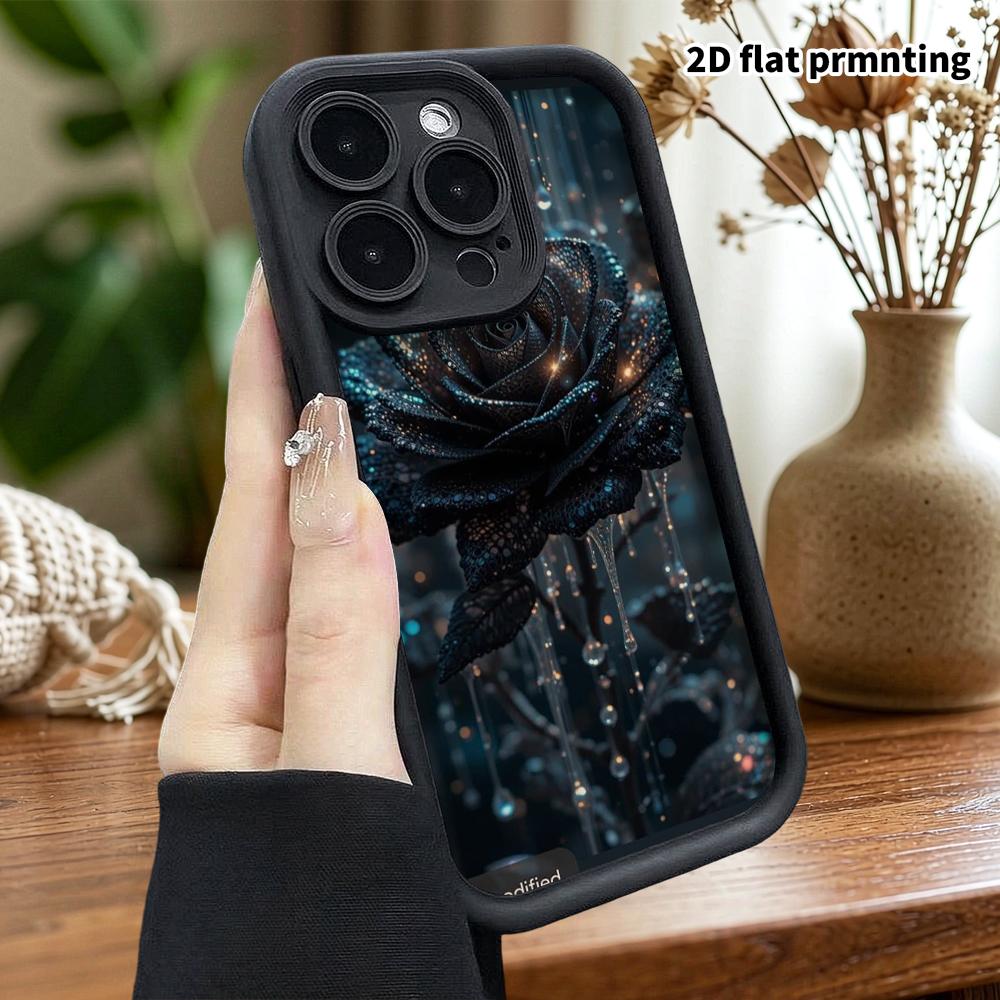 Phone Case: 2D Flat Design Suitable for iPhone 18 17 16 15 14 13 Pro Stepped Protective Case, Hollow Black Rose, Christmas and Halloween Gift