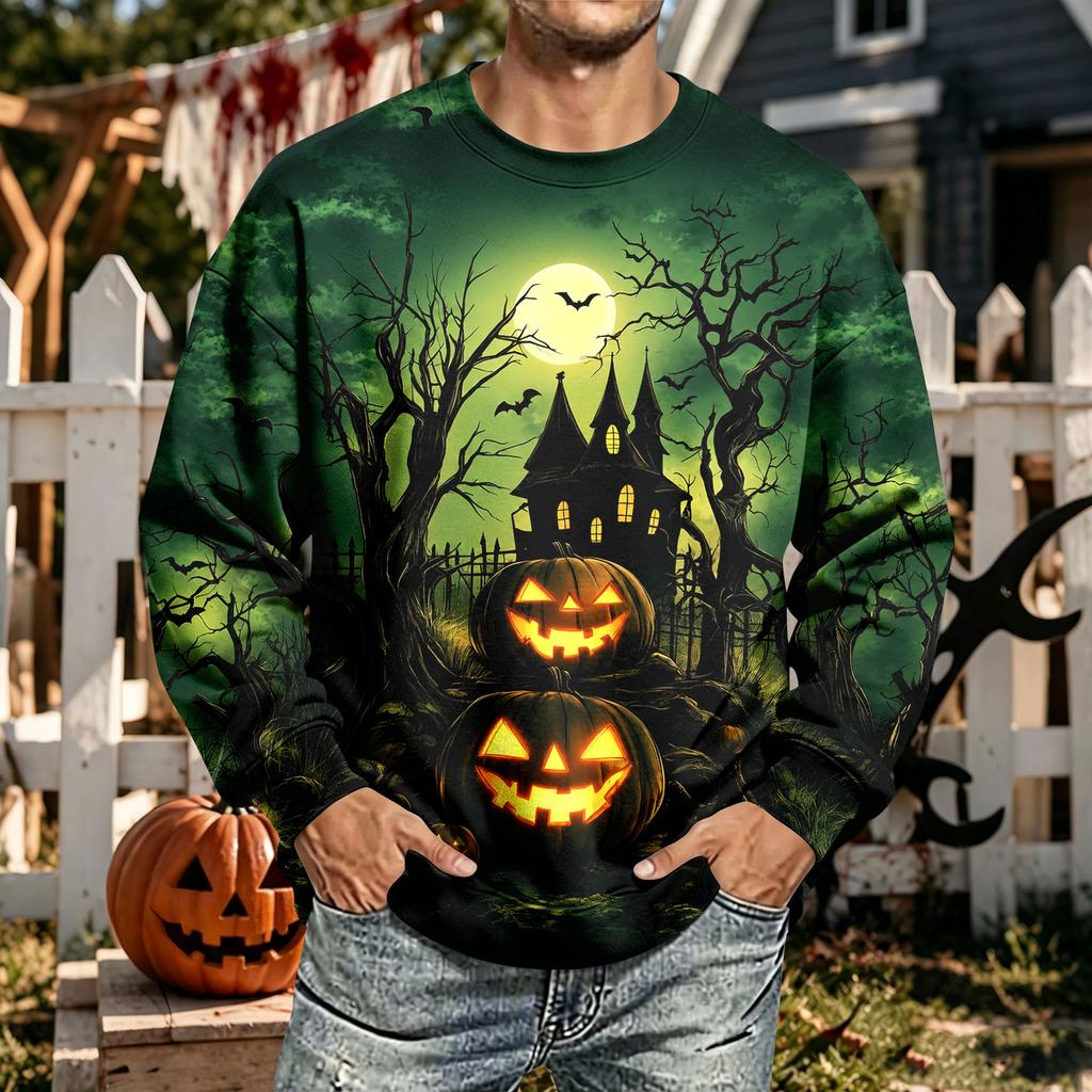 Men's Halloween Print Neck Long Sleeve Sweatshirt Casual Pullover Top