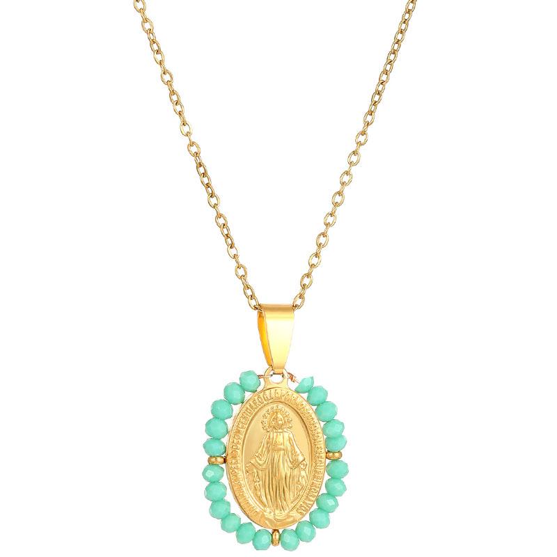 Христианский Католический Аксессуар Модный Ожерелья с Изображением Девы Марии Нержавеющая Сталь Овальный Кулон Цепочки для Женщин зелёный