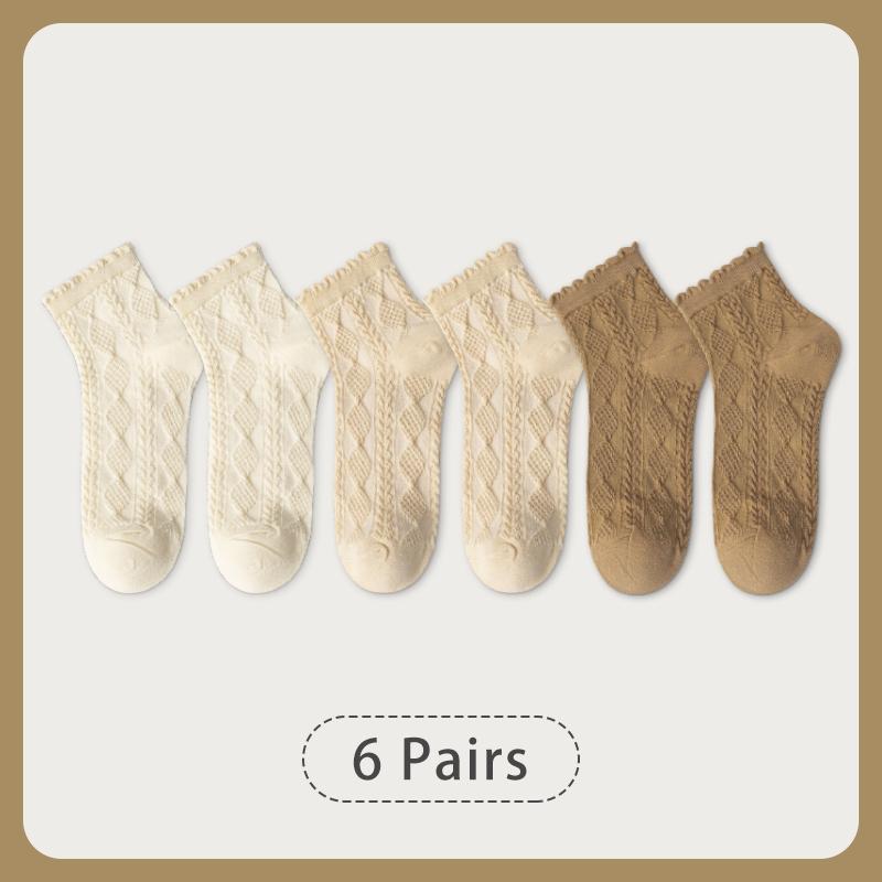 6 Pair Women Is Summer Thin Gradient Solid Cotton Simple Sweet Cute Socks Comfortable Wood Ear Edge Lolita Fashion Wear