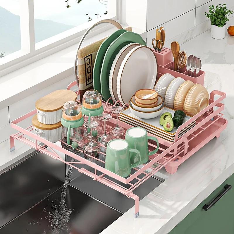 

Expandable Dish Drying Rack with Cutlery Holder and Swivel Drain Spout Countertop Dish Drainer for Kitchen Sink Area Storage 1-tier розовый