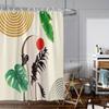 1pc Nordic Abstract Floral Print Shower Curtain with Red Sun and Tropical Leaves Pattern - Polyester Fabric, Machine Washable