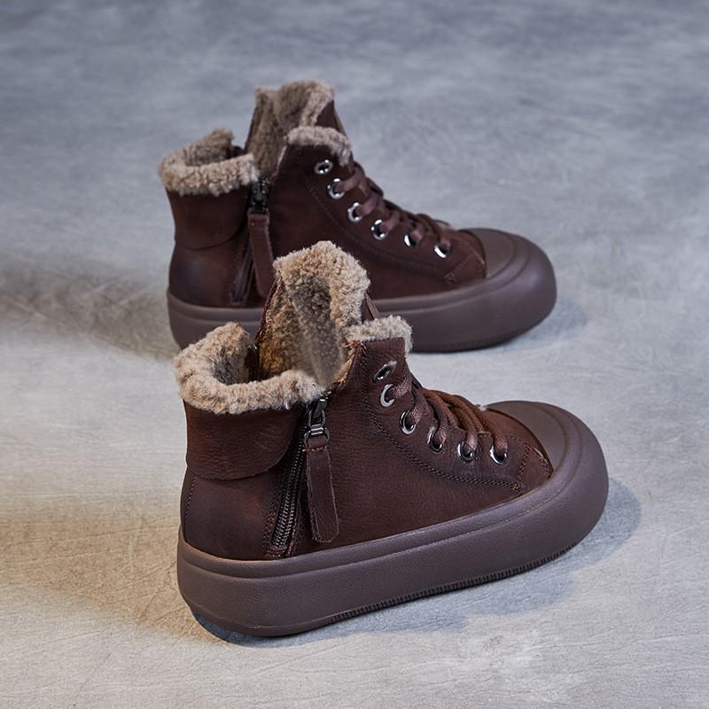 Johnature Retro Plüsch Warme Kurze Stiefel Echtes Leder Doppelreißverschluss Dickbesohlte Damenschuhe
