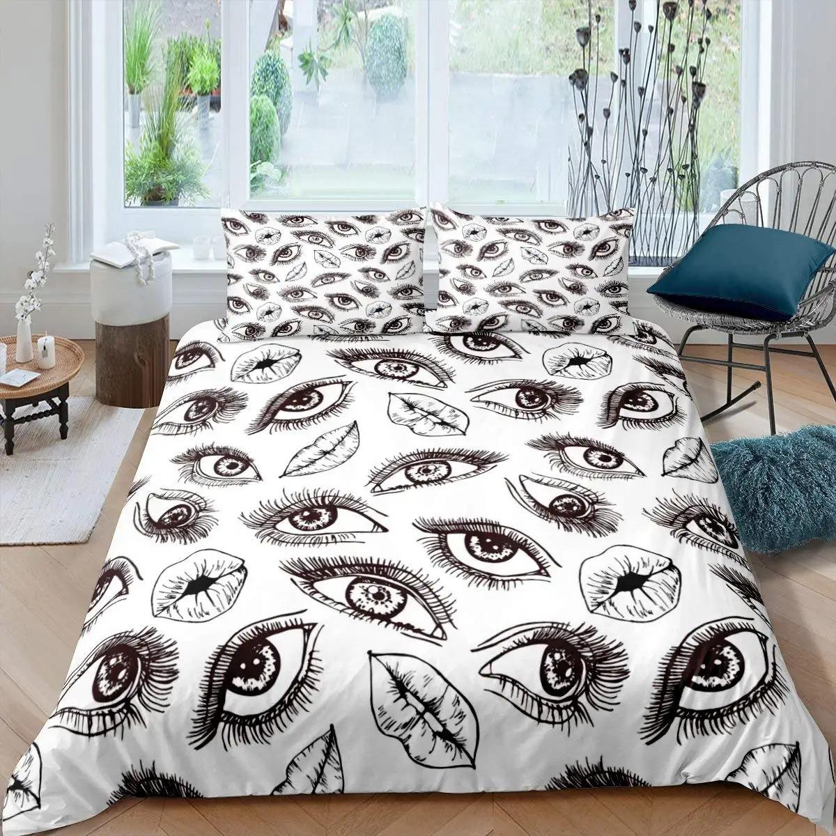 

Пододеяльник с ресницами King Queen Cartoon Romantic Woman Closed Eyes Long Lases Комплект постельного белья с английскими словами Полиэстеровый пододеяльник US King 264x228cm