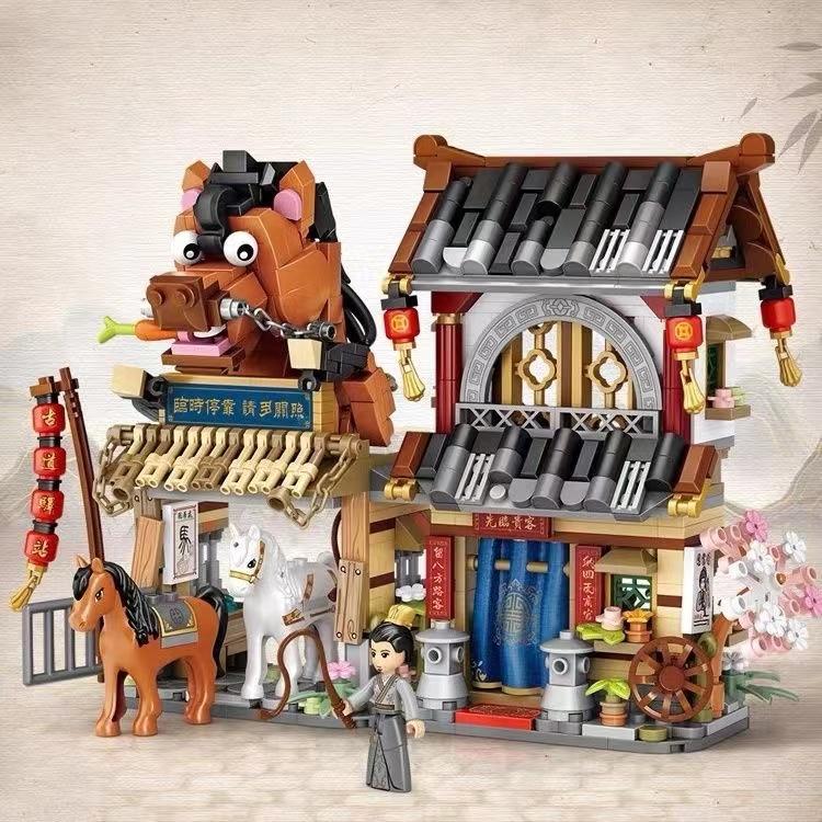 Creative Folded StreetView Grocery Store Post Station Building Bricks DIY Mini Chinese Style Puzzle Girls Gifts Children Toy
