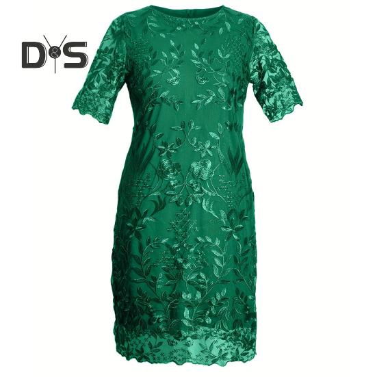 Women Dress Flower Embroidery Double Layers Short Sleeve Round Neck Mid Calf Length Lace Plus Size Elegant Lady Midi Prom Party Dress