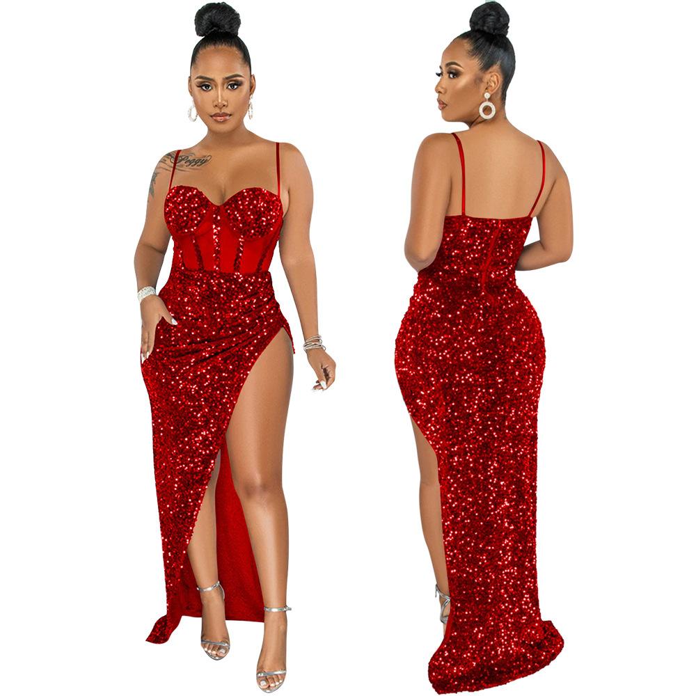 CY9181 European and American fashion sexy strap waist-cinching sheer high-slit exposed back-hugging dress