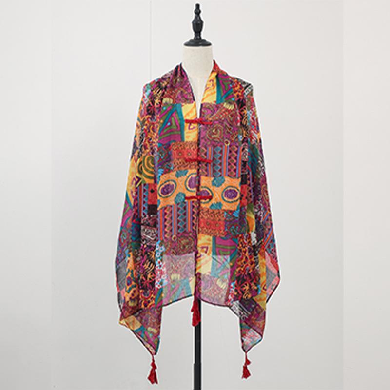 

«Летняя шаль из хлопка и льна в этническом стиле»: Солнцезащитное пляжное покрывало ручной работы с пуговицами в стиле ретро 180*100cm