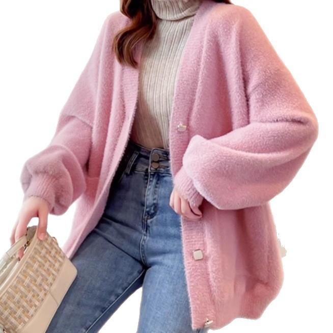 Imitation mink velvet knitted cardigan women's new Korean version autumn and winter versatile loose thickened medium and long outer sweater jacket