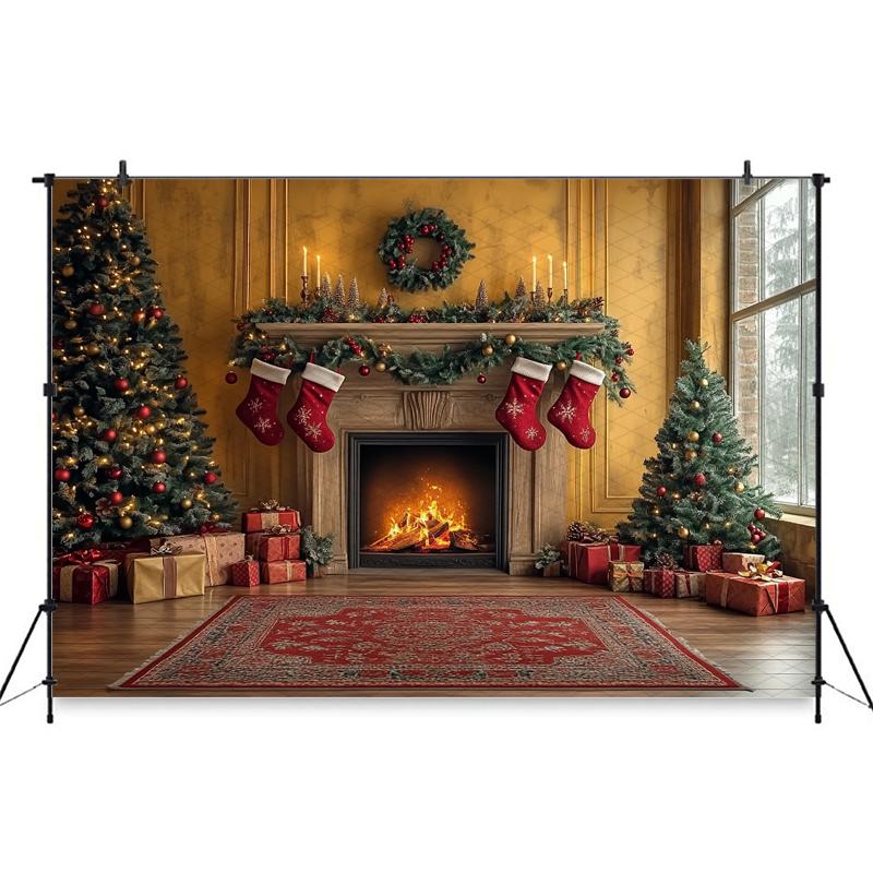 Mocsicka Christmas Photography Background Xmas Tree Fireplace Yellow Wall Decoration Family New Year Party Photo Backdrop Banner