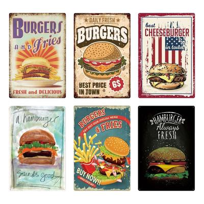 Plaque métallique pour hamburger, Vintage, restauration rapide, panneau en étain, décor mural pour cuisine, café, dîner, Bar, panneaux métalliques pour hamburgers, 20x30c