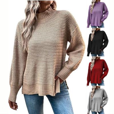 Women Warm Knitted Sweater Round Neck Pullover Jumpers Long Sleeve High Collar Knit Sweaters Tops Outerwear