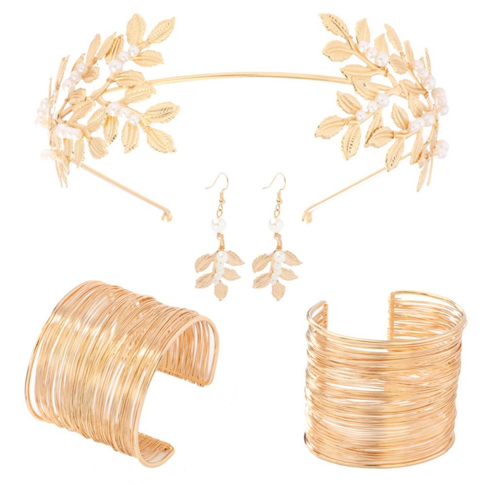 Pente de Cabelo Dourado Folhas Douradas para Noiva Pulseira de Braço Coroa de Folhas de Louro Conjunto de Joias de Deusa Festa Temática