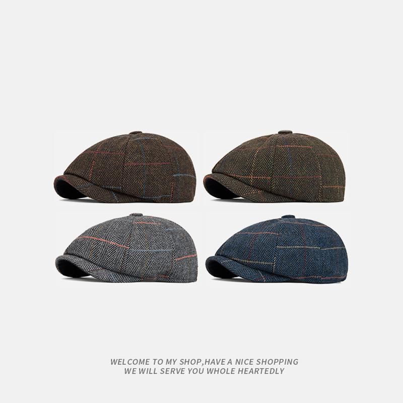 Vintage Octagonal Cap Autumn Winter Men's Warm Wool Beret Cap Painter's Cap Newsboy Cap