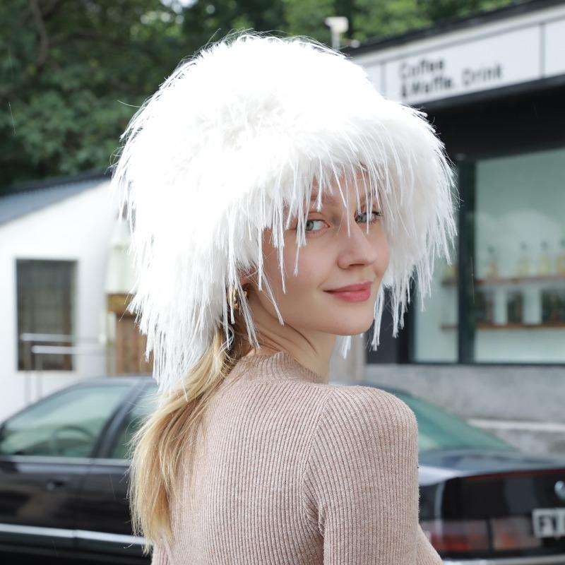Imitation Ostrich Fur Bucket Hat Women White Tassel Cool Exaggerated Fisherman Hat Winter Fur Warm  Plush Fluffy Hat