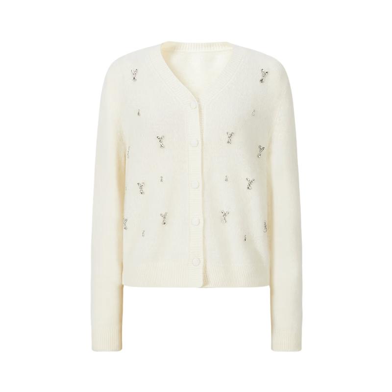 JOOOZ V-Neck Beaded Pure Wool Knit Cardigan