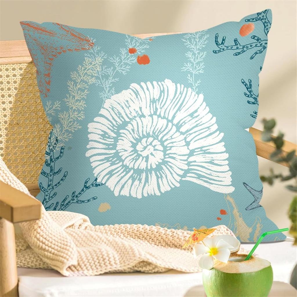 Summer Blue Nautical Throw Pillow Covers 18x18 Inch Set of 4 Ocean Lighthouse Starfish Seashell Cushion Covers Home Decor for Couch Cushion Cases