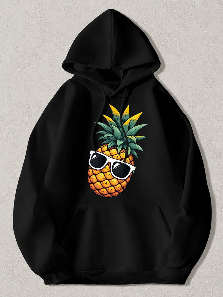 Black Pullover Hoodie with Cool Pineapple Wearing Fashion Glasses Graphic Casual Streetwear Sweatshirt for Men and Women Unisex Lo