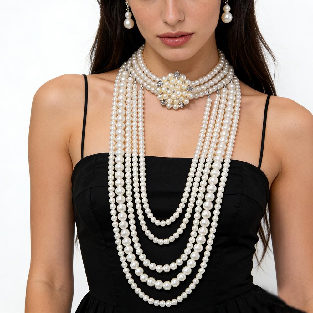 multi-layer diamond-encrusted pearl flower necklace stacked with light luxury and high-end long exaggerated fashion jewelry women