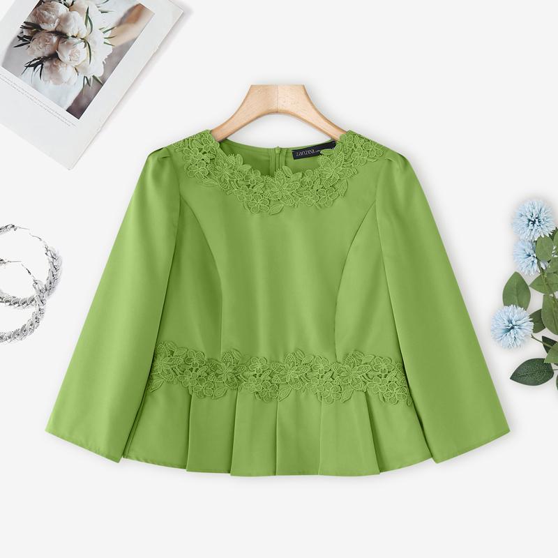 

ZANZEA Женская повседневная блузка с круглым вырезом и короткими рукавами, в стиле пэчворк из кроше, на лето S зелёный