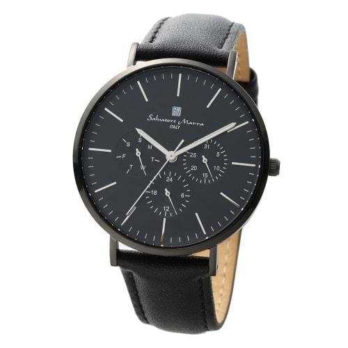 Authentic Salvatore Marra Wristwatch SM22102-BKBK, Water Resistant, Date and Day Display, Leather Strap, BKBK