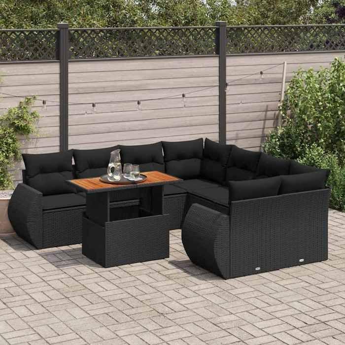 VidaXL Garden Lounge Set 9 Pcs with Cushions Black Wicker 3327240