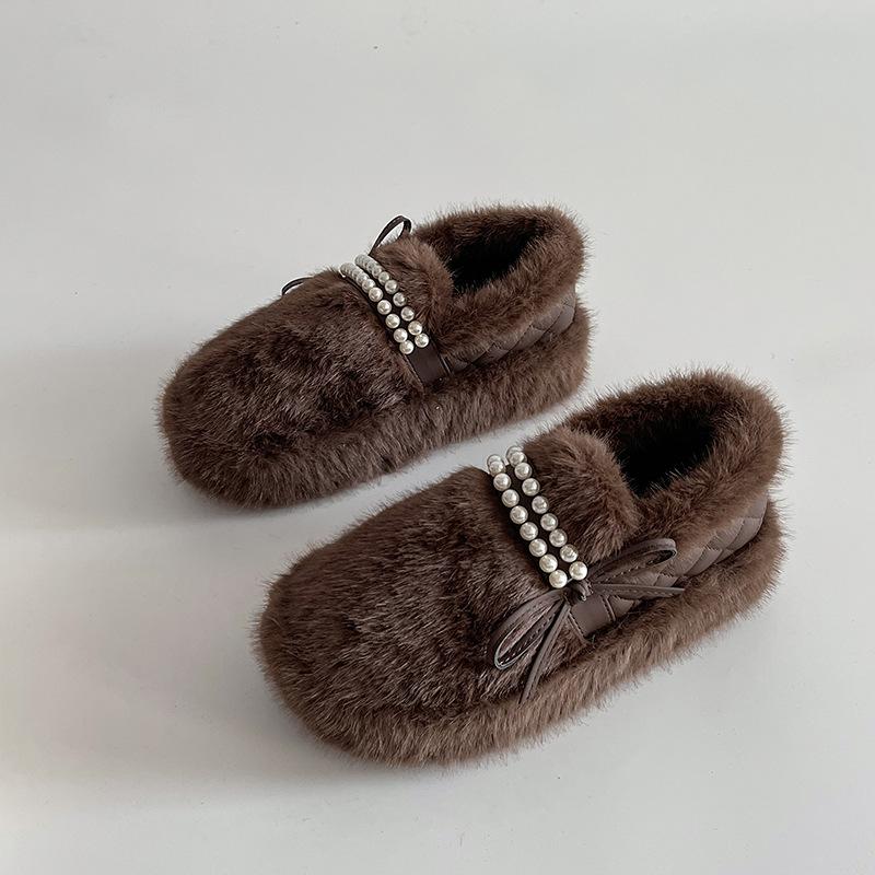 

Дизайнерские жемчужные туфли-бантики, женские осенне-зимние, французские ретро на толстой подошве, темпераментные европейские хлопковые туфли 40 темно-коричневого