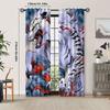 2pcs Vintage-Style White Tiger Print Curtains - Blackout, Rod Pocket, Machine Washable Polyester, Living Room Decor with Dram