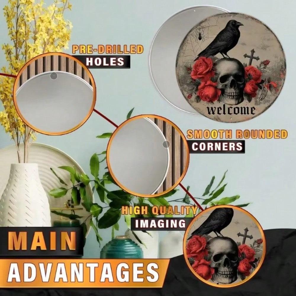 Halloween Skull Crow Tin Sign Vintage Gothic Skeleton Decor Wall Plaque