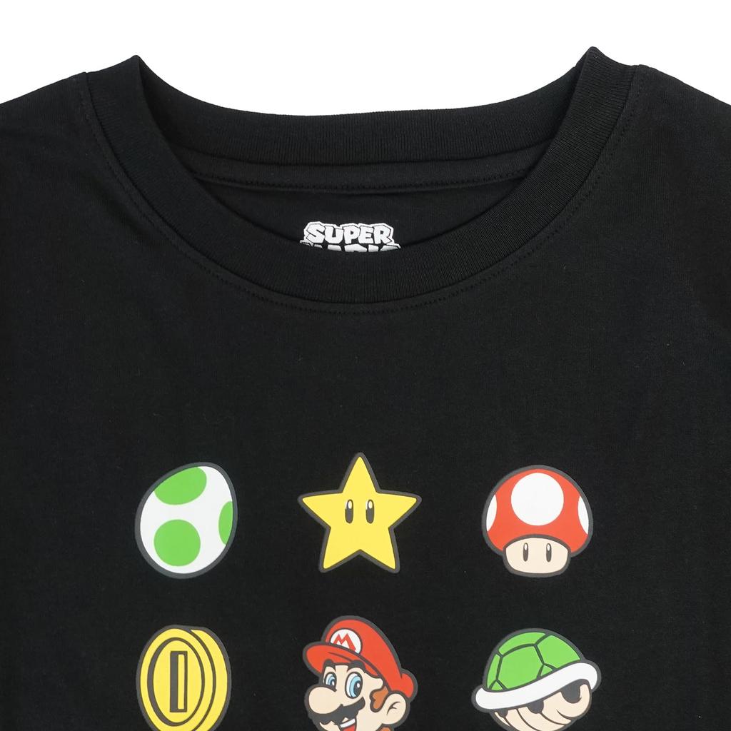 Fine Plus Short Sleeve Super Mario T-Shirt with Icons: Mario, Luigi, Yoshi, and Boo.