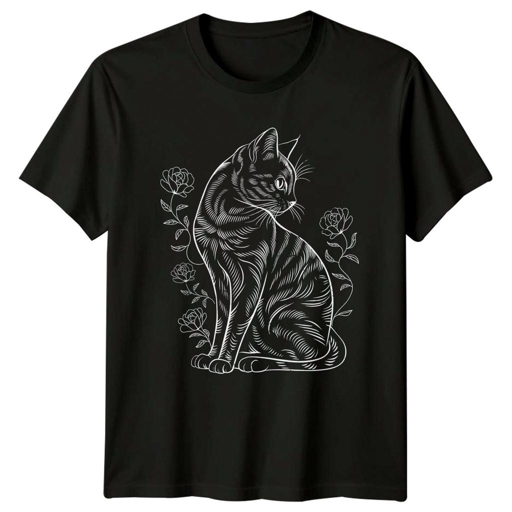 Elegant Feline Rose Blossom Art T-Shirt Cat Lover Birthday Gift For Him And Her