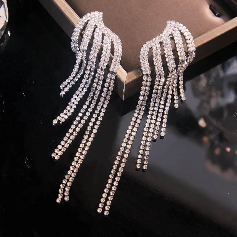 S925 Silver Needle Rhinestone Tassel Earrings - Exquisite Long Claw Chain with Colored Diamonds, European & American Style