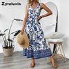 New Summer Retro Fresh Vacation Style Long Dress V-Neck Sleeveless Floral Blue Porcelain Print Maxi Dress