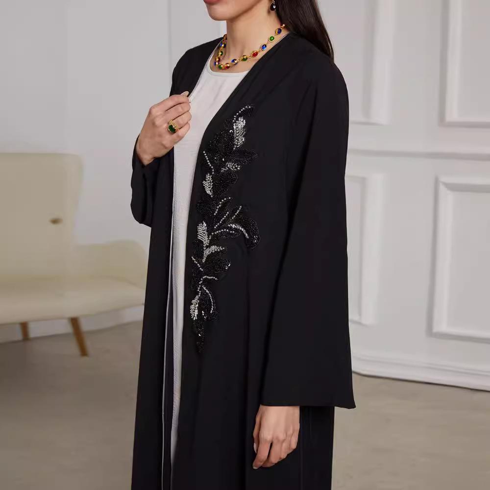 2024 Elegant Handmade Beaded Middle Eastern Muslim Pleated Cardigan Dress