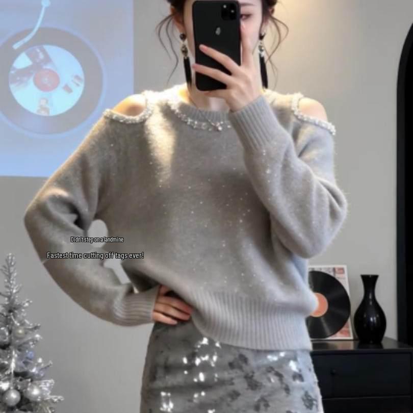 French Chic Grey Off-the-Shoulder Diamond Knit Sweater – Women's Autumn/Winter Design