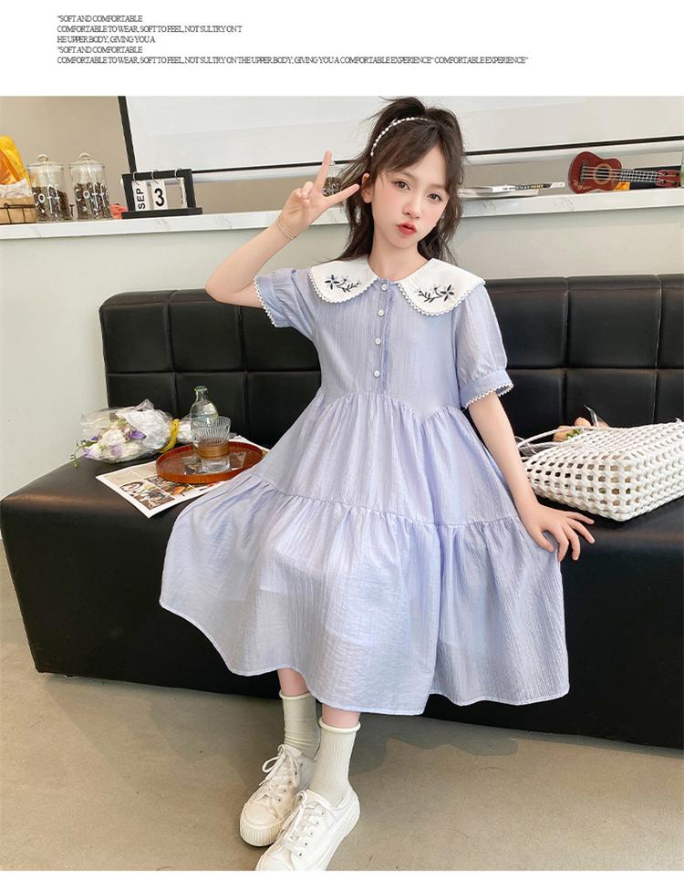 Girls' College Style Dress, Summer New Style, Stylish Doll Collar, Embroidered Mid Skirt, Princess Skirt, Short Sleeved, Medium To Long Style