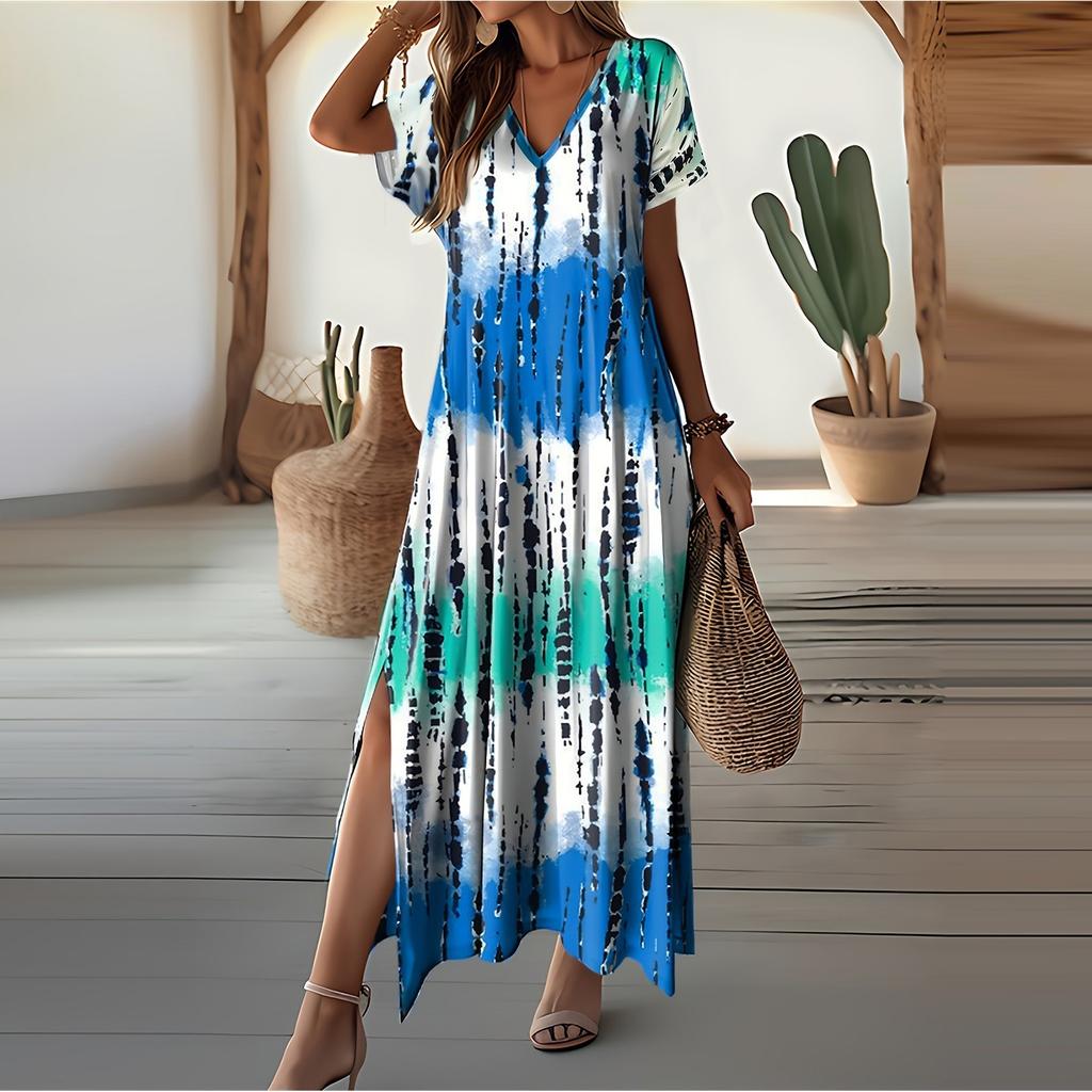 Damen Modisches Bedrucktes V-Ausschnitt Kurzarm Lockeres Kleid