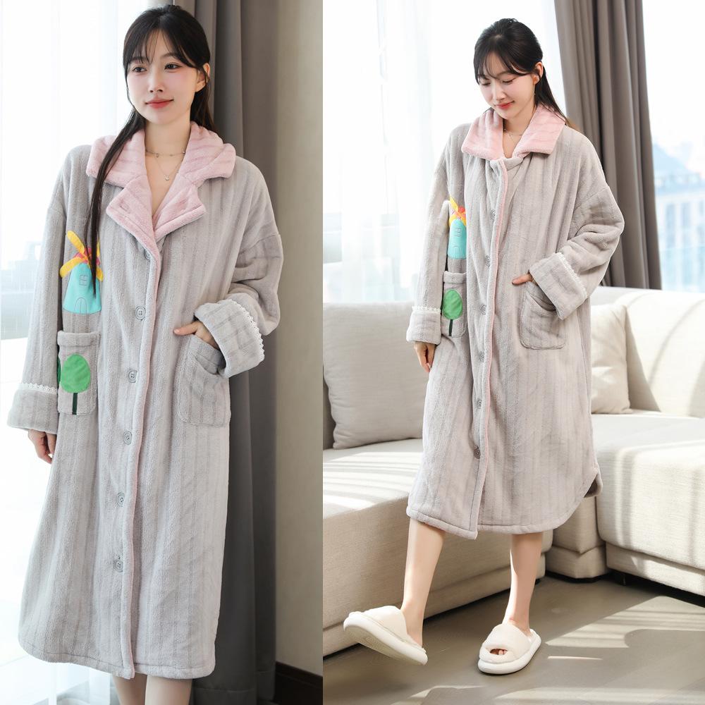 Women's Thick Flannel Long Sleeve Bathrobe - Autumn/Winter 2023