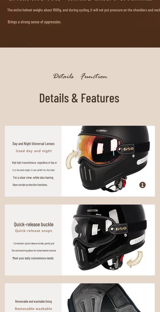 Fiberglass Retro Full Face Motorcycle Helmet for All Seasons - Unisex Winter Safety 3C Certified