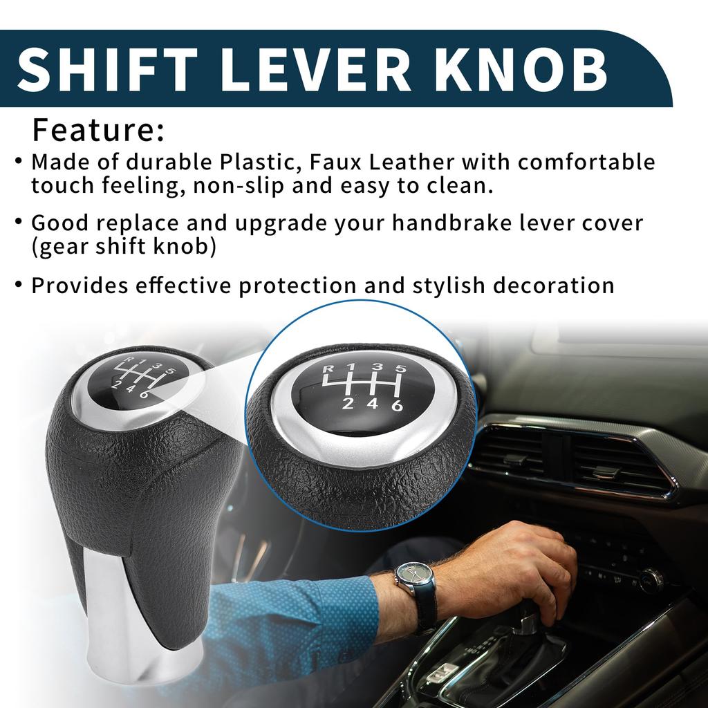 TUCKBOLD Manual Gear Shift Knob for Mazda 3 Front Automotive Gearbox Stick Shifter Lever Black Silver Tone with Plastic Faux 1 Piece 6-Speed CX-5