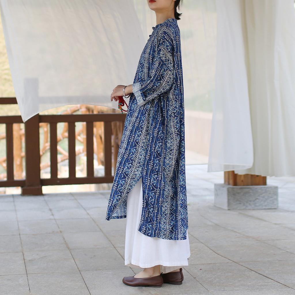 Johnature Women Vintage Stand Print Floral Dress Bat Sleeve Spring Blue A-Line Button Dresses