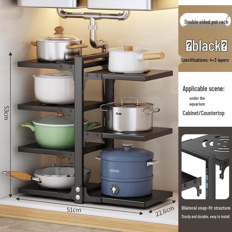 Estante de almacenamiento de ollas y utensilios de cocina de múltiples capas para cocina, organizador de encimera bajo el fregadero, diseño de doble cara