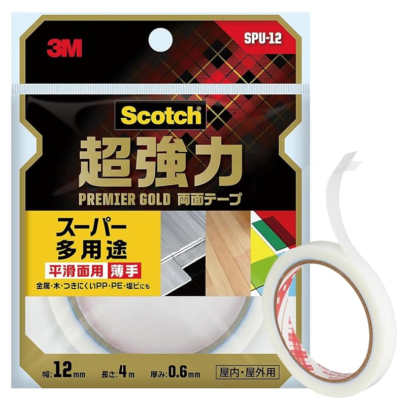 3M Double-Sided Tape, Super Strong, Super Multipurpose, Thin, 12mm Wide, 4m Long, Scotch SPU-12 Semi-Long, Premier Gold