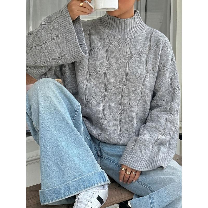 High Neck Sweater Women Loose Pullover Flare Sleeve Mock Neck Lazy Style Knit Top